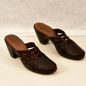 Clarks Womens Shoes Brown Mules Slides Heeled Clog Leather Size 8